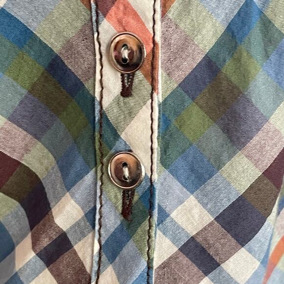 BKE Blue Rust Plaid Button Down Shirt MED Sequins Smocked Back Roll Tab Sleeves - Picture 8 of 10